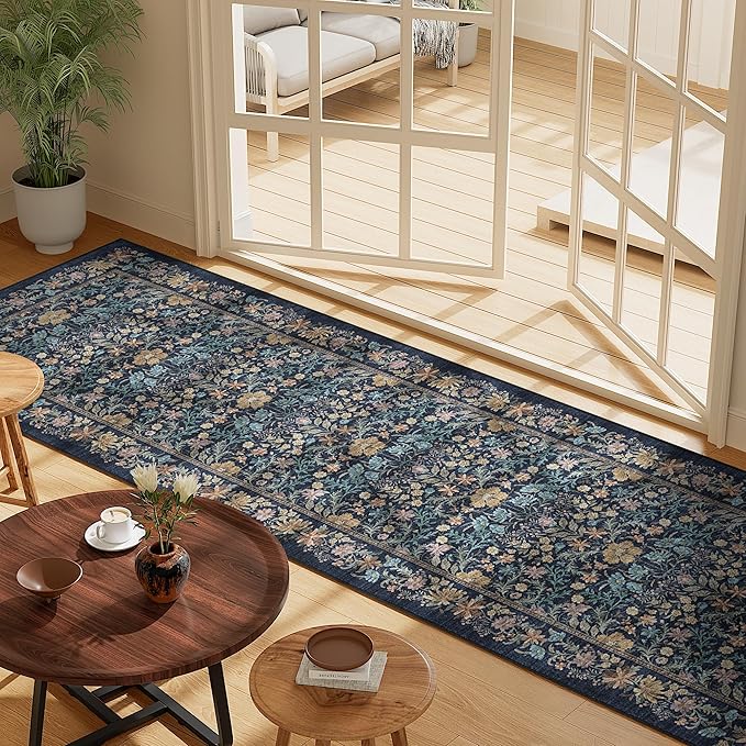 DOKINO 2x10 Runner Rug for Hallway, Vintage Washable Long Kitchen Rug with Low Pile Design, Floral Non Slip Soft Carpet Runner for Hallway, Kitchen, Bathroom, Bedroom, Dark Blue