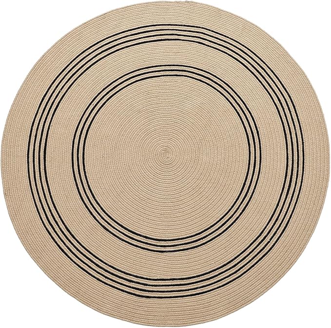 DEXI Round Jute Rug Natural Fiber 5x5, Braided Woven Area Rugs No Shed, Soft Neutral Rustic Carpet Mat for Indoor Outdoor Patio Dining Living Room Bedroom Farmhouse, 5ft, Beige/Black