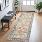 Bavni Washable Rug 5x7 Area Rug for Living Room Bedroom Dining, Washable Vintage Print Carpet, Ultra-Thin Low Pile Lightweight Rug with Non Slip Backing, Multi Beige
