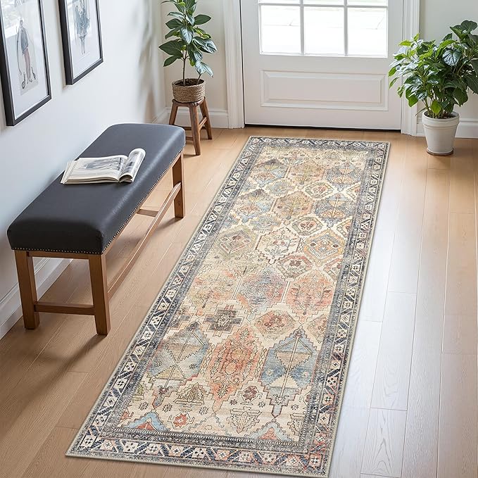 Bavni Washable Rug 5x7 Area Rug for Living Room Bedroom Dining, Washable Vintage Print Carpet, Ultra-Thin Low Pile Lightweight Rug with Non Slip Backing, Multi Beige