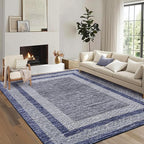 GarveeHome 6x9 Large Washable Area Rug Modern Bordered Rug Distressed Geometric Floor Carpet, Soft Non Slip Low Pile Non Shedding Rug, Indoor Navy Blue for Bedroom, Living Room