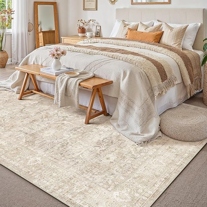 9x12 Beige Area Rug for Living Room Bedroom Neutral Soft Non Slip Rug Low Pile Vintage Distressed Large Carpet for Dining Room Nursery Office Indoor