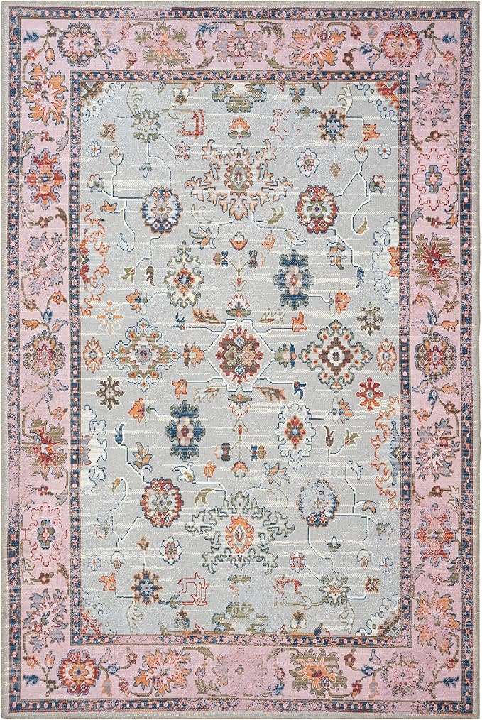 GLN Rugs Traditional Collection - Machine Washable Area Rug, Traditional Washable, Non Slip, Low Pile Chenille Rug, Living Room, Bedroom, Kitchen Rug (6' x 9' Pink/Blue/Multicolor)