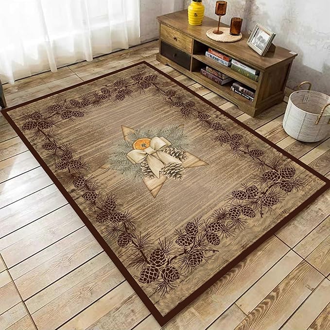 Vintage Pine Cone Area Rug 5x8ft Rustic Lodge Wooded Pine Cone Area Rug Wood Grain Star Leaf Distressed Indoor Non-Slip Washable Carpet for Dormitory Study Room Fireplace Office