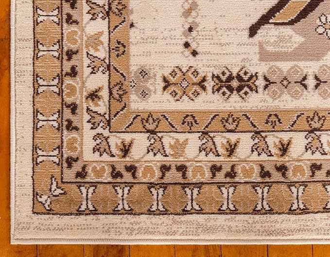 Unique Loom Taftan Collection Border Geometric Tribal Inspired Design Area Rug (3' 0 x 16' 5 Runner, Ivory/ Tan)