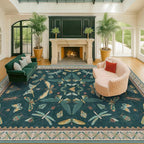 9x12 Large Living Room Rug - Dark Teal Multi Dining Room Rugs for Under Table, Bedroom, Kids Room, Classroom, Insect Butterfly Floral Décor, Lightweight Non Slip Low Pile