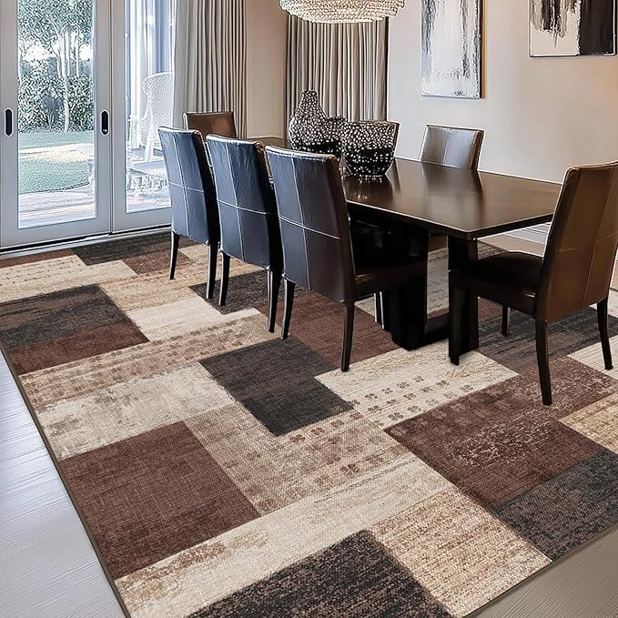 Modern Geometric Patchwork Indoor Area Rug for Living Room, Chocolate 5'x 7' Large Rug Rockwood Collection Hardwood Floors Decor for Bedroom, Brown Throw Carpet for Office Entryway Dining Room
