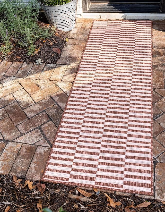 Unique Loom Outdoor Collection Classic Stripes, Transitional Indoor & Outdoor Area Rug, Rectangular 2' 0" x 6' 0", Red/Ivory