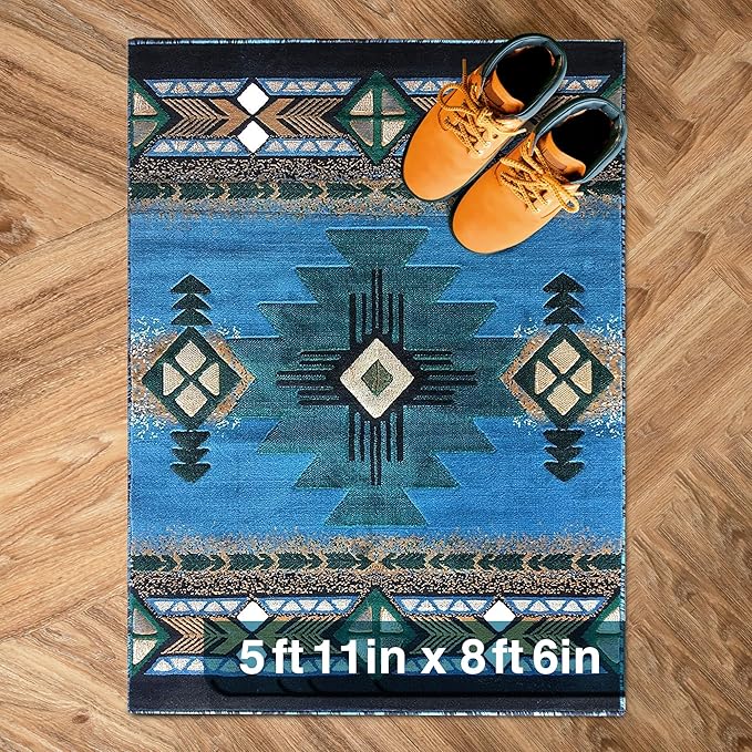 YHSF South West Native American Area Rug C318 - Easy Clean, Thick, Soft, Durable Native Tribal American Indian Inspired Rug for Bedroom/Living Room and More - Blue-Green, 5 ft 11 in x 8 ft 6 in