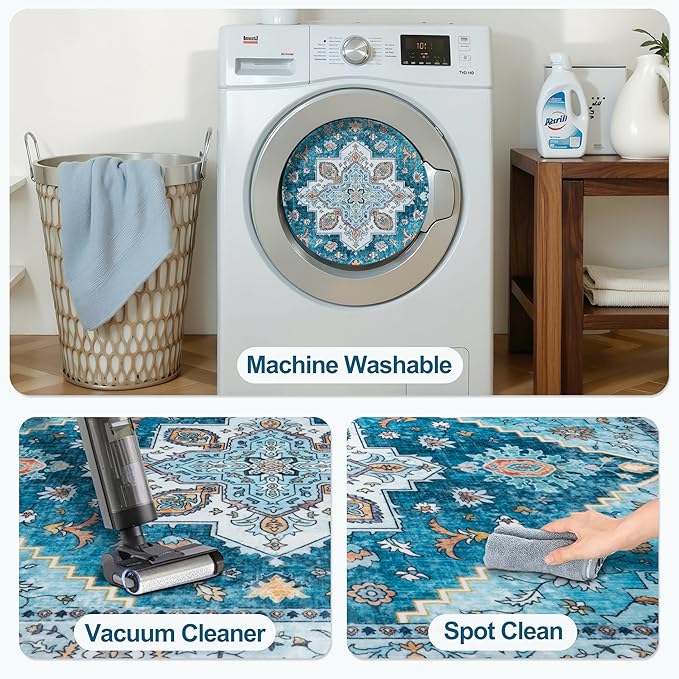 Tangsoo 5x7 Area Rug Washable Rugs for Living Room, Vintage Indoor Non Slip Large Area Rugs, Print Carpet, Soft Low Pile Rug Foldable Floor Rug for Bedroom Dining Room Dorm Blue