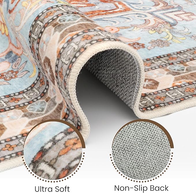 Washable Entryway Rug 3x5 | Non Slip Rug Runners for Hallways, Entryways, Kitchens, Bathrooms, Bedrooms | Ultra-Soft Flannel Carpet Kitchen Rug with Rubber Backing (Light Teal/Rust, 3x5)
