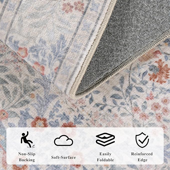2x3 Floral Washable Area Rugs for Living Room, Vintage Boho Large Rug for Bedroom Dining Room， Distressed Botanical Birds Non Slip Low Pile Forest Animal Throw Carpet for Farmhouse Office, Beige Blue