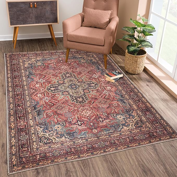Bloom Rugs Washable Non-Slip 4' x 6' Rug - Red/Teal Blue/Yellow Traditional Medallion Area Rug for Living Room, Bedroom, Dining Room, and Kitchen - Exact Size: 4' x 6'