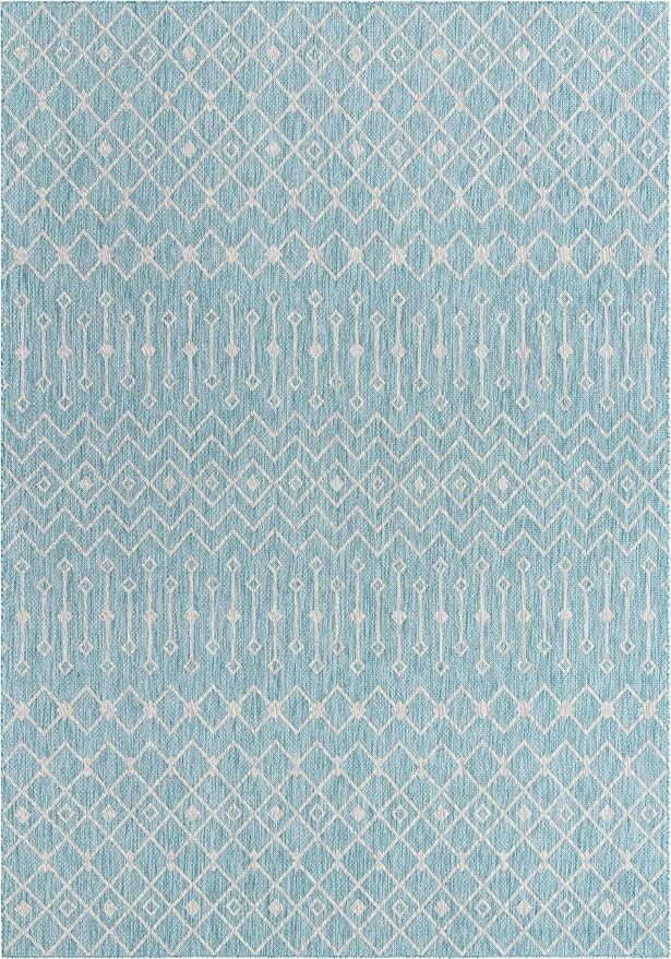 Unique Loom Outdoor Trellis Collection Area Rug - Tribal Trellis (10' x 14' 1" Rectangle, Aqua/ Ivory)