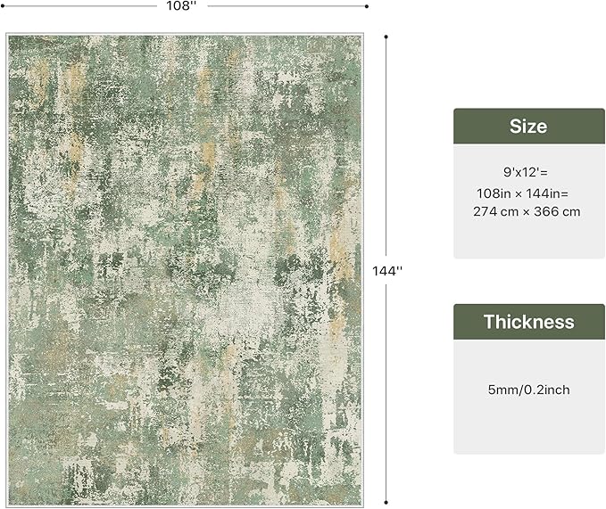 GENIMO Abstract Area Rug 9x12, Washable Large Modern Rug Non Slip, Low Pile Lightweight Soft Carpet for Living Room, Bedroom, Dining Room, Light Green