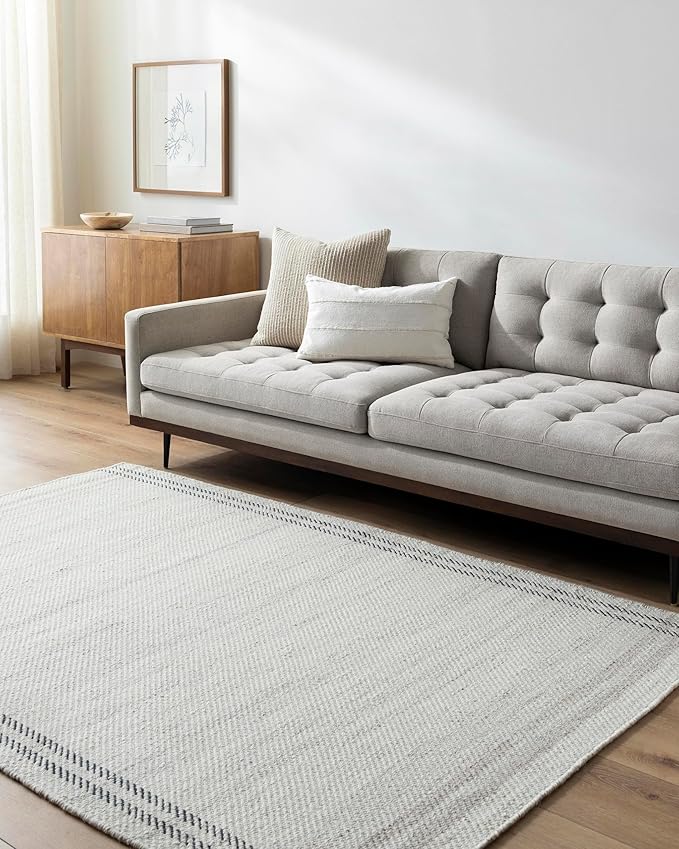 Mark&Day Wool Rugs, 5x8 Janmichael Solid and Border Gray/Ivory Area Rug, Grey Ivory Black Carpet for Living Room, Bedroom or Kitchen (5' x 7'6")