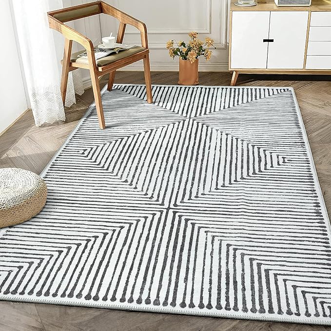 Bloom Rugs Washable Non-Slip 4' x 6' Rug - Black/Ivory Striped Area Rug for Living Room, Bedroom, Dining Room, and Kitchen - Exact Size: 4' x 6'