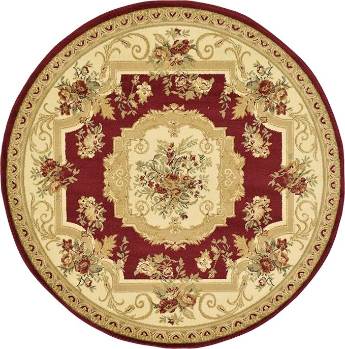 Unique Loom Versailles Collection Traditional Classic Floral Motif Area Rug (6 ft Round, Burgundy/ Ivory)