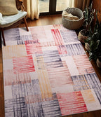 YIHOUSE Cream Retro Rugs 5x7,Blue and Red Vintage Washable Carpets for Bedroom,Farmhouse Abstract Area Rug,Unique Checkered Block Rug for Living Room,Dining Room,Office