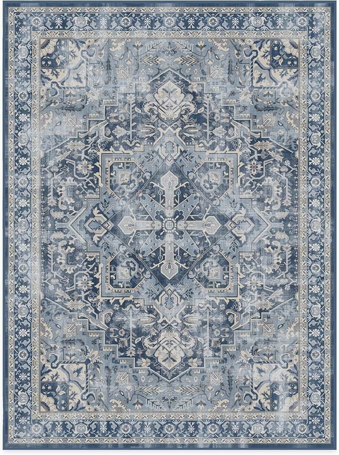 RUGGABLE Washable Vintage Area Rug – Kamran Admiral Blue 9x12, Stain-Resistant, Non-Slip – Large Machine Washable Rugs for Living Room, Bedroom, Hallway, Entryway & Office–with Standard Pad