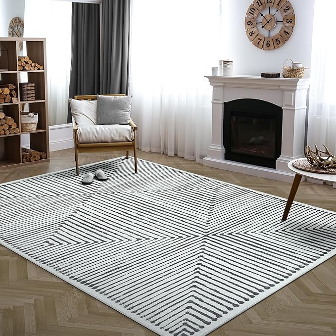 Bloom Rugs Washable Non-Slip 9' x 12' Rug - Black/Ivory Striped Area Rug for Living Room, Bedroom, Dining Room, and Kitchen - Exact Size: 9' x 12'