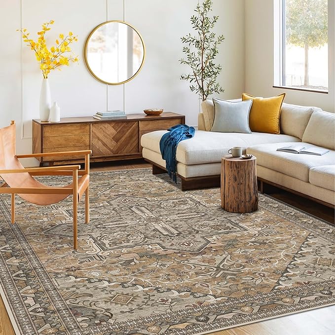 Washable Area Rug 6x9 | Non Slip Area Rug for Living Room, Bedrooms, Dining Room | Ultra-Soft Flannel Carpet Area with Rubber Backing (Light Sage Brown, 6x9)