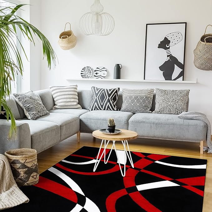 2305 Geometric Abstract Red Black 6x9 Area Rugs for Living Room