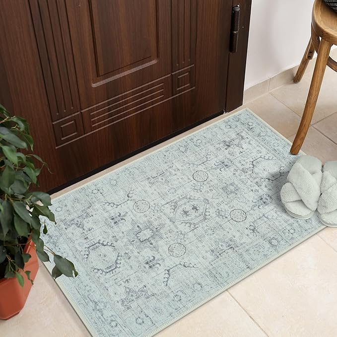 GLN Rugs Traditional Collection - Machine Washable Area Rug, Traditional Washable, Non Slip, Low Pile Chenille Rug, Living Room, Bedroom, Kitchen Rug (2' x 3' Cream/Gray/Sea Salt)