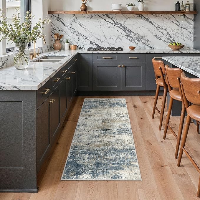GENIMO Runner Rug Non Slip 2'6"x6', Washable Rug Runner for Hallways Kitchen, Abstract Modern Kitchen Rugs, Low Pile Lightweight Carpet Runners for Entryway, Bedroom, Laundry, Navy Blue