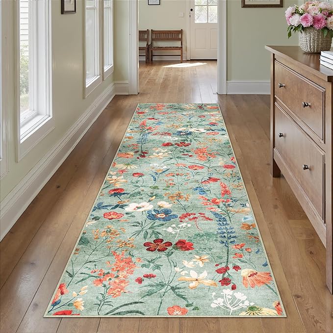 Floral Runner Rug 2x5 Washable Hallway Long Green Bedroom Carpet Non Slip Indoor Boho Kitchen Low Pile Accent Rug Lightweight Soft for Bathroom Dining Laundry Living Room