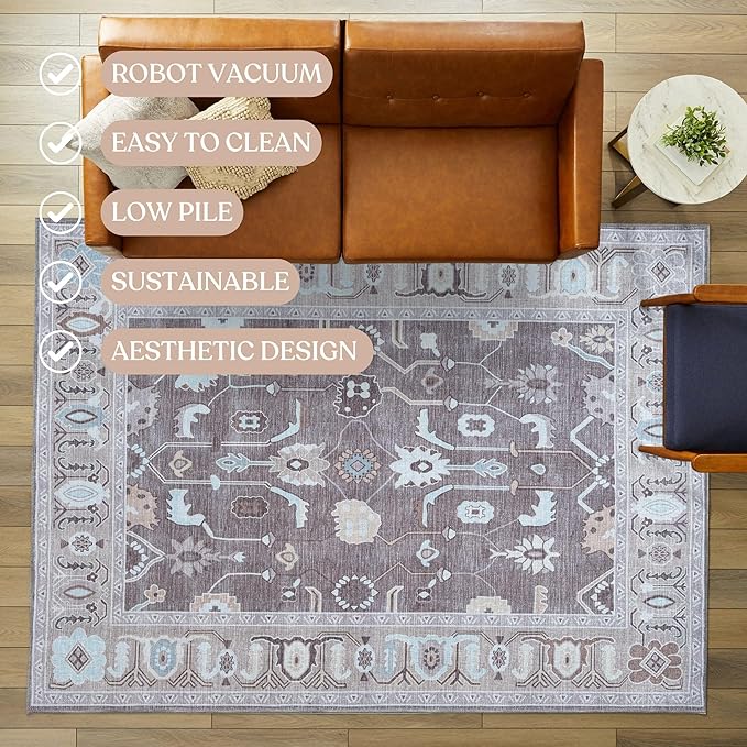 Fame Living Brown Oushak Rug, Modern Rugs, Vintage, Turkish, Eclectic, Floral, Pastel, Washable, Small Throw, Accent Area Rug for Living Room, Bedroom, Kitchen, Bathroom, 2'5"x4'9