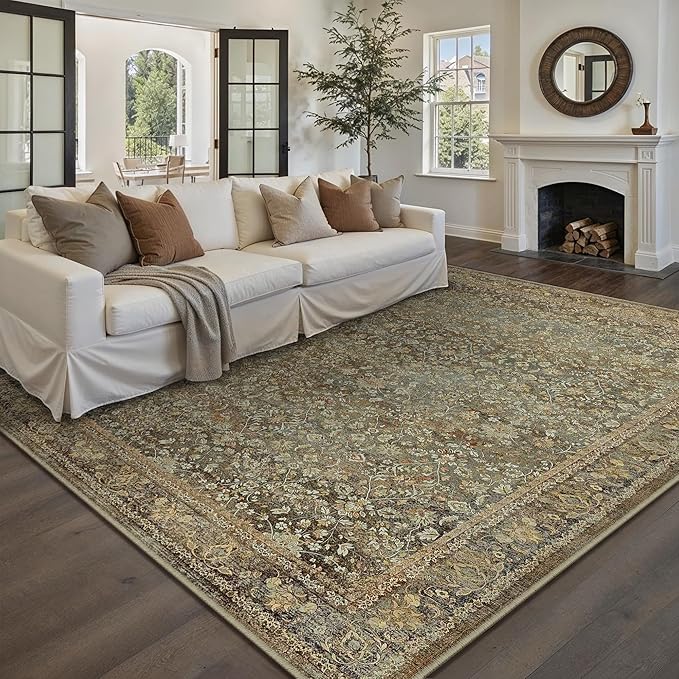 Area Rug 8x10 Brown Living Room Washable Vintage Carpet Non Slip Indoor Retro Traditional Accent Throw Large Rug for Office Bedroom Dining Room Playroom