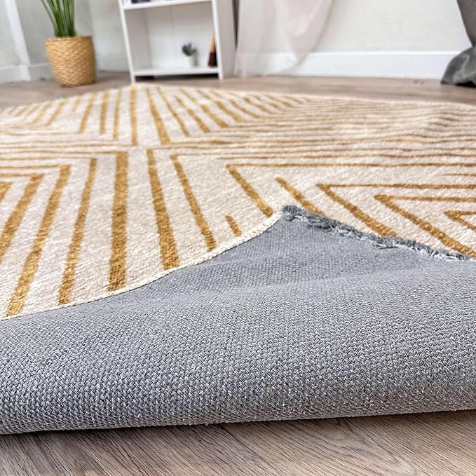 Alfa Rich 3x5 Geometric Gold Off White Washable Area Rugs for Living Room Bedroom Cotton Runner