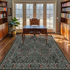 5x7 Washable Area Rugs for Living Room, Stain Resistant Vintage Rugs for Dining Room Under Kitchen Table, Bedroom, Floral Low Pile Non-Slip Large Carpet (5 x 7 Dark Green)