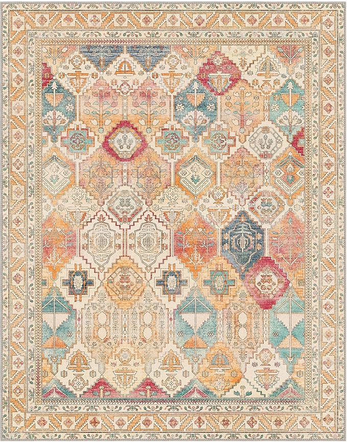 Bavni Washable Rug 5x7 Area Rug for Living Room Bedroom Dining, Washable Vintage Print Carpet, Ultra-Thin Chenille Low Pile Lightweight Rug with Non Slip Backing, Retro Multi