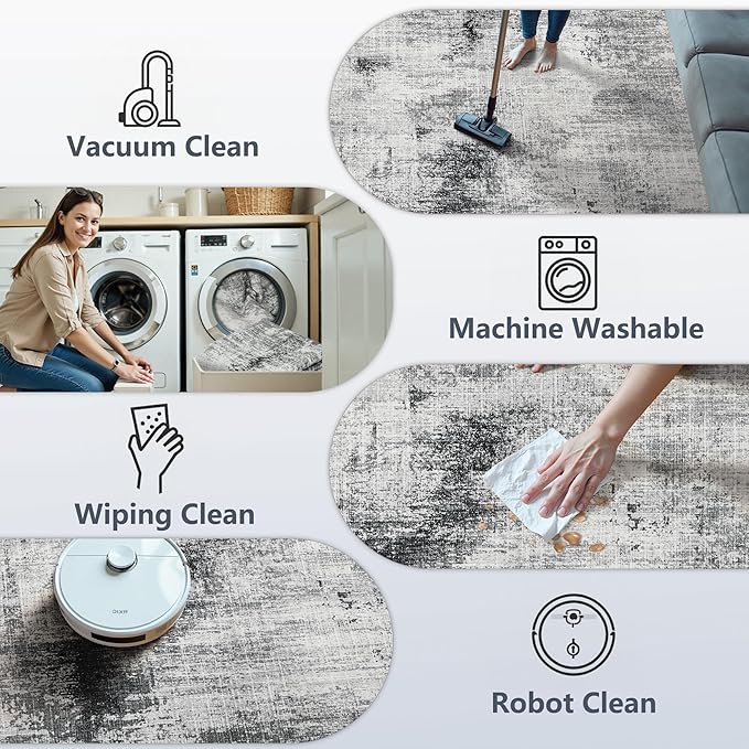 10x14 Washable Area Rugs - Modern Abstract Large Rugs for Living Room Non-Slip Low Pile Soft Machine Washable Carpet for Bedroom, Under Dining Table, Nursery, Farmhouse (10'x14' Dark Grey)