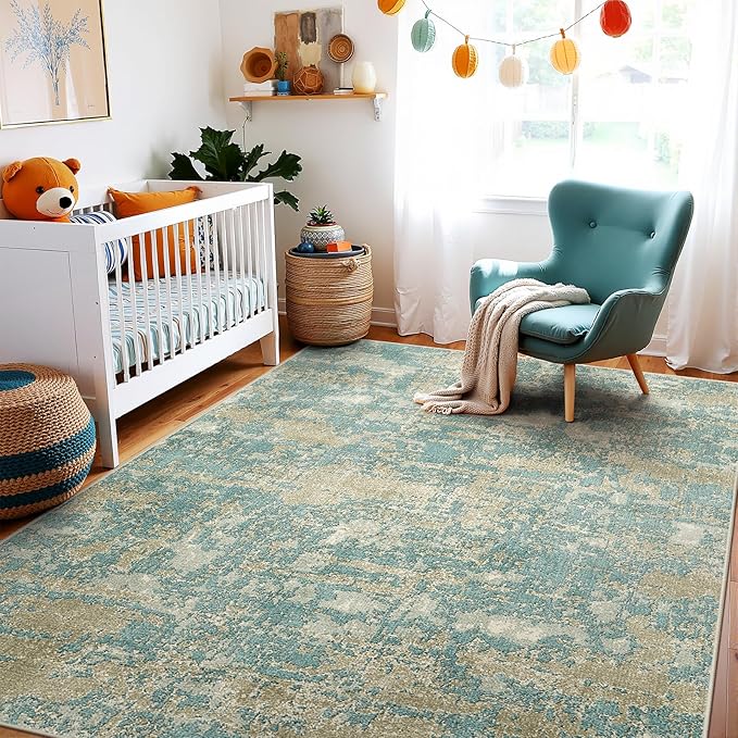 WITSHOCK Living Room Area Rugs 6x9：Modern Abstract Machine Washable Large Rug for Bedroom Dining Room Non-Slip Stain Resistant Home Office Decor,Teal Brown