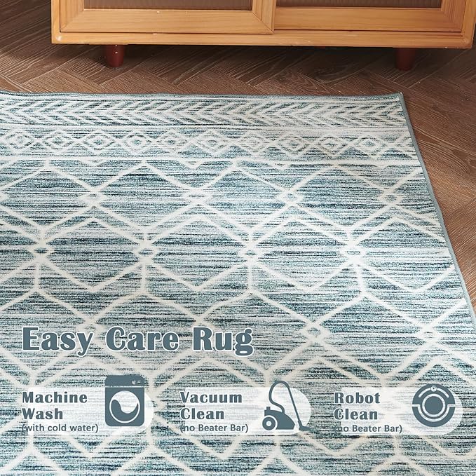 jinchan Washable Boho Area Rug 2x3 Entryway Moroccan Rug Low-Pile Geometric Rug Stain Resistant Non-Slip Ultra-Thin Carpet for Kitchen Bedroom Farmhouse Bathroom Doorway Teal Blue