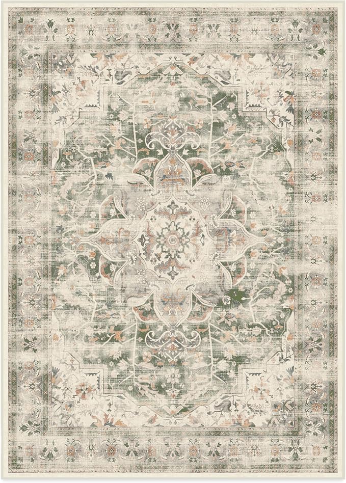 RUGGABLE Washable Vintage Area Rug – Sarrah Sage 10x14, Stain-Resistant, Non-Slip – Large Machine Washable Rugs for Living Room, Bedroom, Hallway, Entryway & Office–with Standard Pad