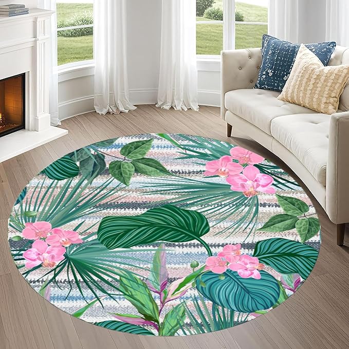 Indoor Outdoor Round Rug 5ft - Blue White Tropical Botanical Pattern, Non-Slip Patio Carpet, Easy-Clean Non-Shedding Rug for Living Room, Kitchen, Garden, Indoor Shower Mat