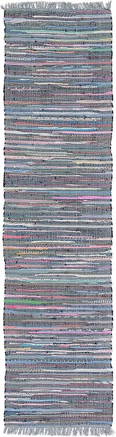 SAFAVIEH Rag Rug Collection Runner Rug - 2'3" x 7', Aqua & Multi, Handmade Boho Stripe Cotton, Ideal for High Traffic Areas in Living Room, Bedroom (RAR121K)