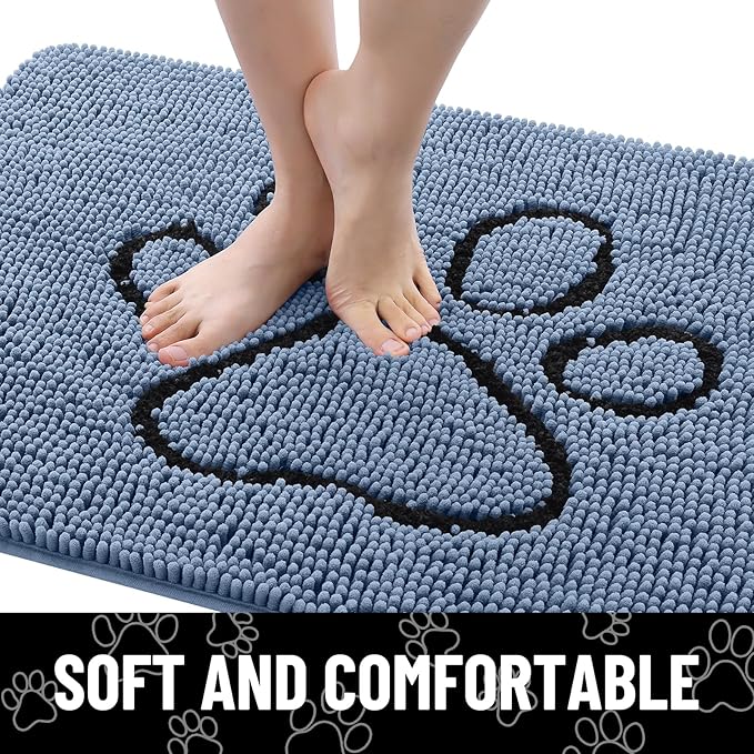 Smiry Dog Door Mat for Muddy Paws, Absorbent Dirt Trapper Non Slip Quick Dry Washable Chenille Mat for Mud Dogs, Entry Rug for Indoor and Outdoor (40x32 Inches, Airy Blue and Black)
