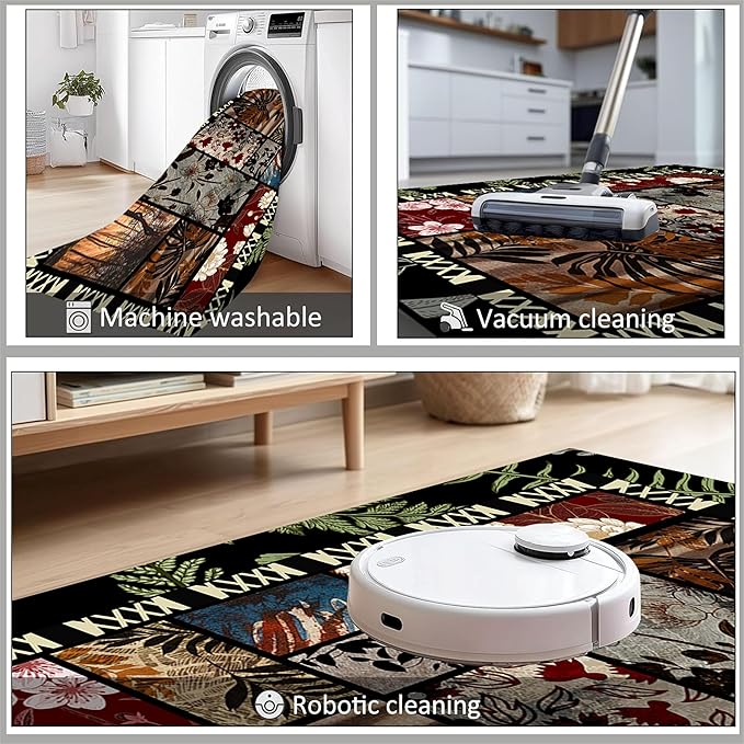 Vintage Jungle Floral Area Rug 4x5ft, Tropical Leaf Print Low Pile Carpet, Washable Non-Slip & Soft Mat for Bedroom, Living Room, Dining Room, Playroom
