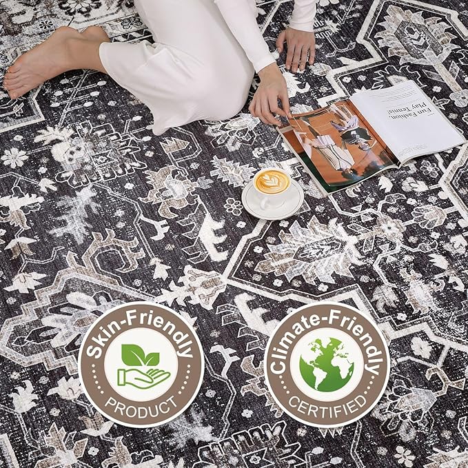Black Rug Living Room Rugs: 7x9 Washable Boho Large Vintage Moody Soft Stain Resistant Oriental Farmhouse Non-Slip Indoor Floor Carpet for Bedroom Playroom Office Dining Room Retro Home Decor