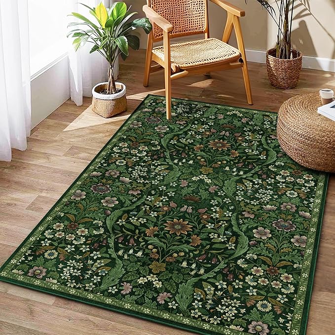 4x6 Dark Green Floral Boho Area Rug,Low-Pile Stain Resistant Non-Slip Machine Washable Carpet for Living Room,Bedroom, Kitchen,Entryway,Dining Room, Nursery