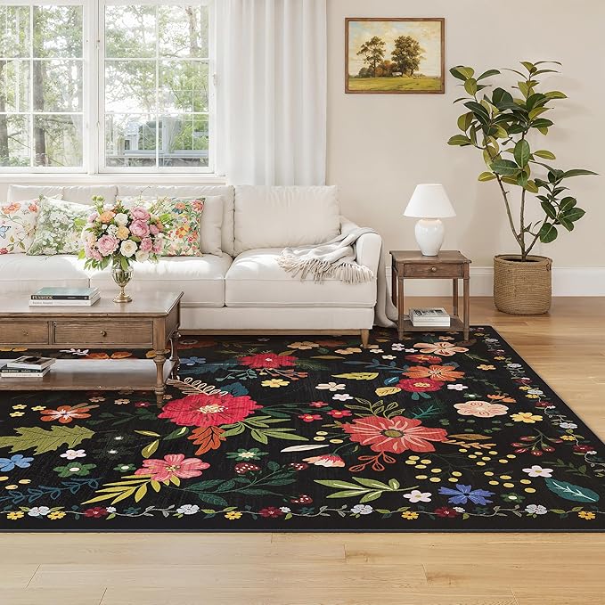 Living Room Rug 8x10 Rug Machine Washable Boho Area Rug Non Slip Floral Vintage Low Pile Large Rugs for Living Room, Bedroom, Farmhouse, Dining Room (Black)