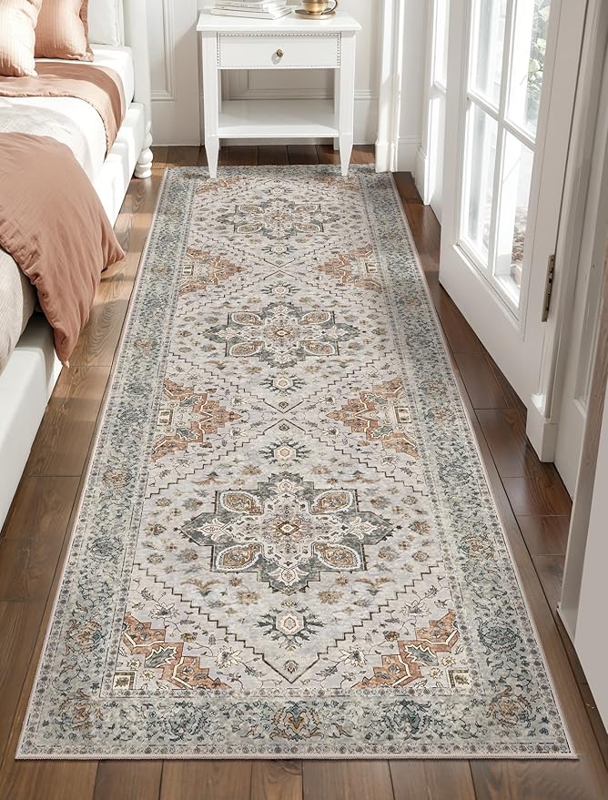 Tangsoo 3x10 Runner Rug for Hallway Long Washable Hallway Runner Rugs, Non Slip Vintage Soft Low Pile Rug Runner, Indoor 10ft Carpet Runners for Living Room Kitchen Bedroom Entryway Grey/Cream