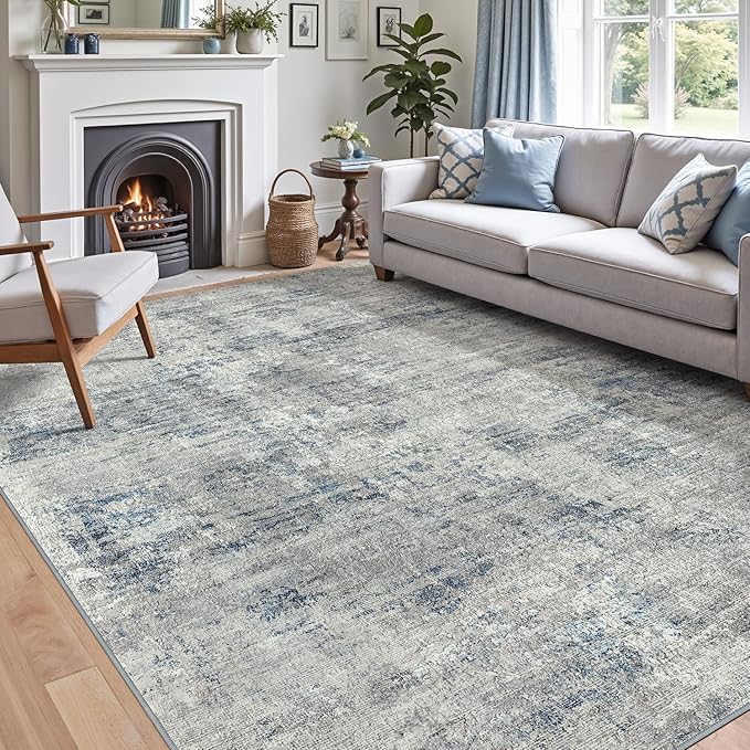 DEXI 8x10 Area Rug for Living Room, Modern Abstract Thin Washable Rug Indoor Floor, Non Slip Stain Resistant Low Pile Carpet for Dining Room Bedroom Office, Blue