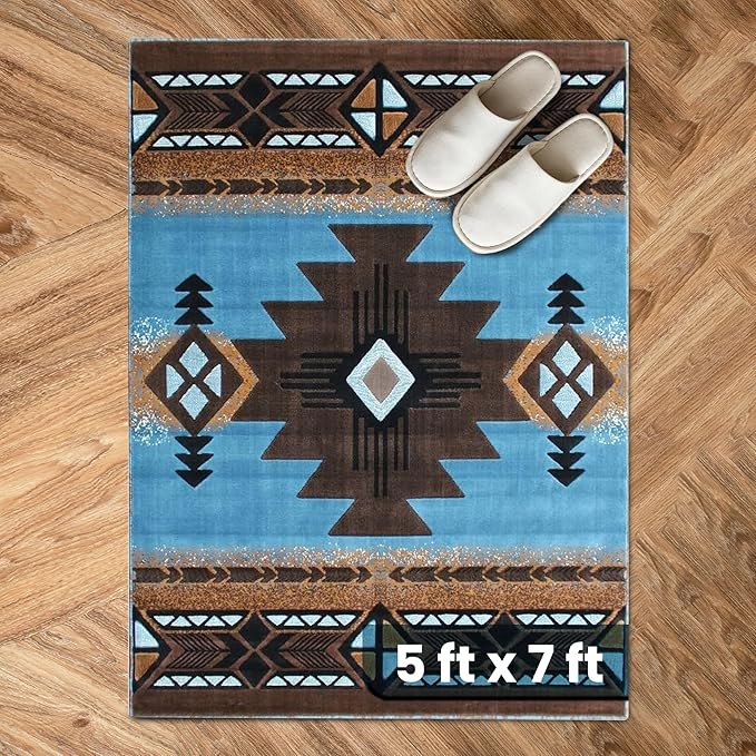 YHSF South West Native American Area Rug C318 - Easy Clean, Thick, Soft, Durable Native Tribal American Indian Inspired Rug for Bedroom/Living Room and More - Blue-Brown, 5 Feet x 7 Feet