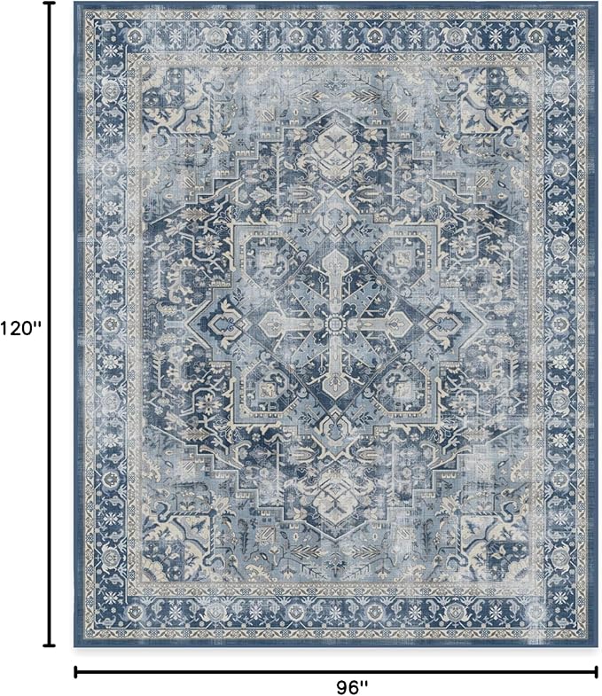 RUGGABLE Washable Area Rug – Kamran Admiral Blue 8x10, Stain-Resistant, Non-Slip – Large Machine Washable Rugs for Living Room, Bedroom, Hallway, Entryway & Office–with Cushioned Pad